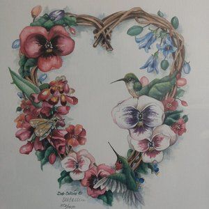 Deb Collins hummingbird Signed Numbered Lithograph Pink Matted Gold 19” X 16”